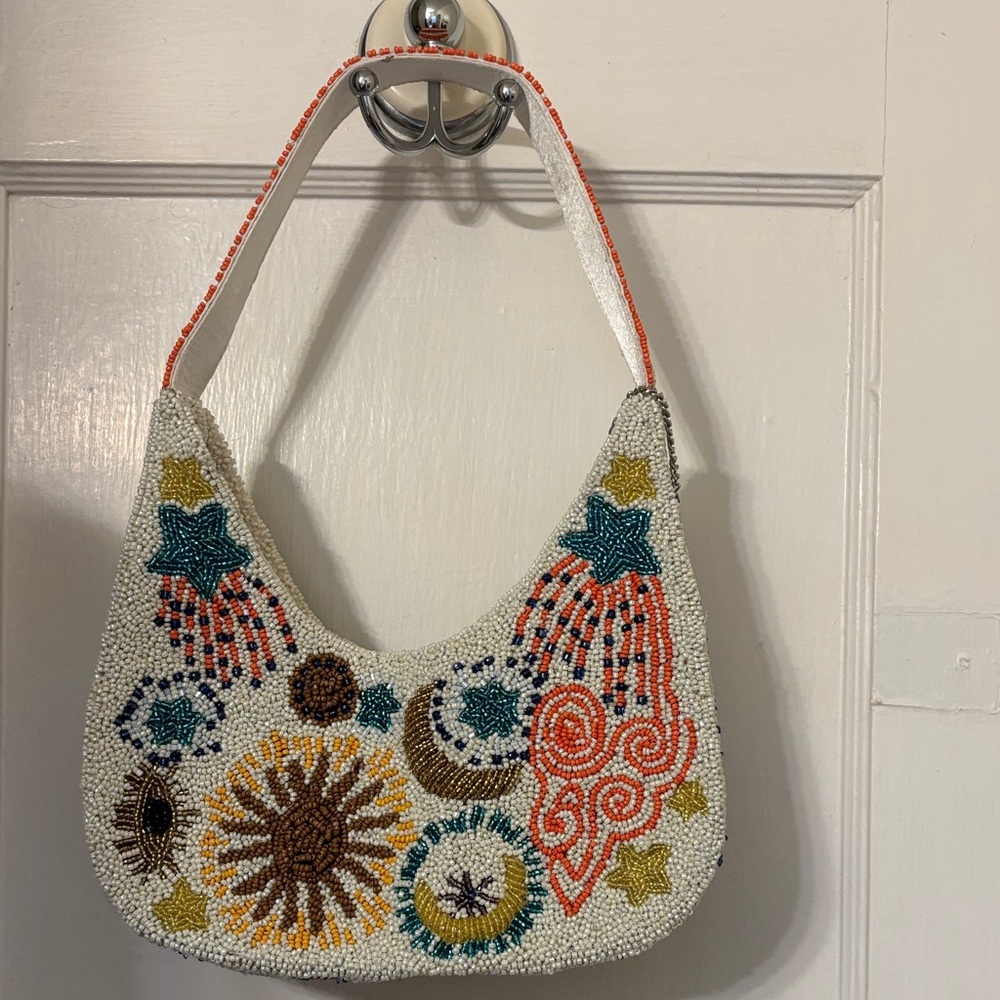 Beaded White Multi-Color Embroidered Shoulder Bag